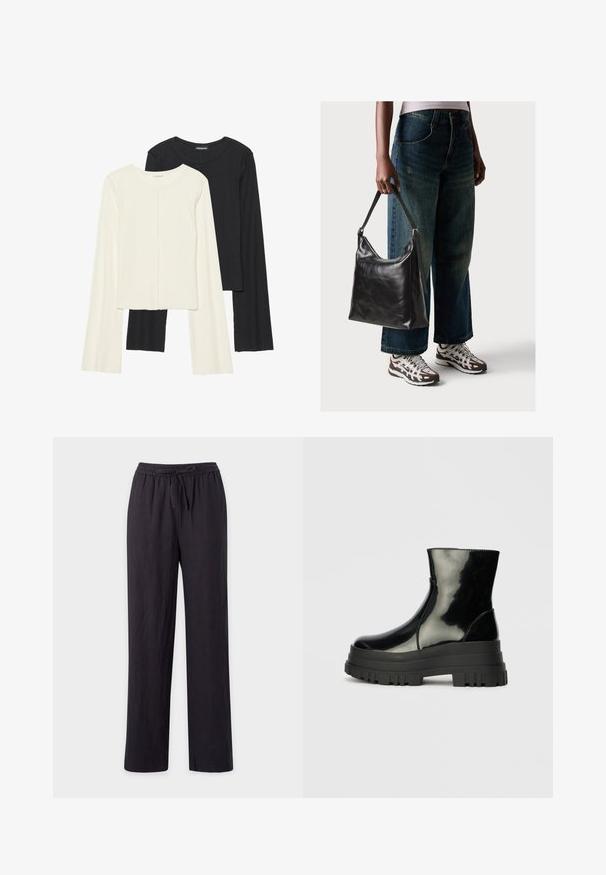 Set of two long-sleeve tops in white and black. Ribbed texture, round neck, fitted design with slightly flared sleeves.; Black, lightweight, straight-leg pants with an elastic waistband and drawstring. Smooth texture, no visible patterns or hardware.; Black glossy ankle boot with thick lug sole and rounded toe, side view on plain light gray background.; Black leather shoulder bag with a smooth texture and adjustable strap, paired with faded wide-leg jeans and athletic sneakers.