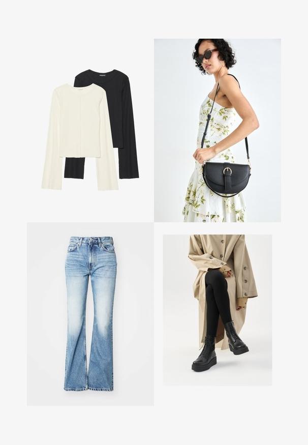 Divu garo piedurkņu tops komplekts baltā un melnā krāsā. Ribota tekstūra, apaļš kakls, pieguļoša dizaina ar nedaudz izplestām piedurknēm.; Augstās jostasvietas, plati zilo džinsus ar izbalējušu krāsu, izgatavoti no džinsa auduma. Iekļauj piecu kabatu dizainu un redzamu šuvumu gar malām.; Melnas ādas potītes zābaki ar auklīšu detaļām, paaugstināta platformas zole, un tekstūras melnas legingas, valkātas ar gaiši beidžu trenču mēteļa.; Melnas ādas rokassoma ar izliekta formu, noņemamu siksnu un zelta aksesuāriem. Somai ir vāciņš ar sprādzes detaļu.