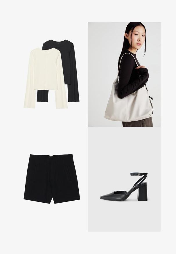 Set of two long-sleeve tops in white and black. Ribbed texture, round neck, fitted design with slightly flared sleeves.; Black shorts made from a smooth fabric, featuring side pockets, a tailored fit, and structured pleats at the front for a clean silhouette.; Black leather pointy-toe pump with an ankle strap and a chunky heel. Flat texture, sleek design, and minimalistic aesthetics.; Beige handbag made of soft material, featuring a slouchy design, stitched detailing, and two shoulder straps. Suitable for everyday use.