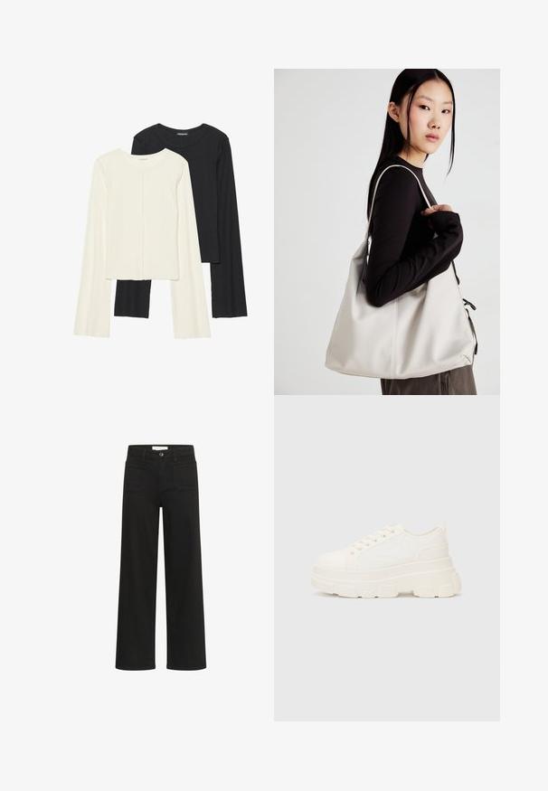 Divu garo piedurkņu tops komplekts baltā un melnā krāsā. Ribota tekstūra, apaļš kakls, pieguļoša dizaina ar nedaudz izplestām piedurknēm.; Kaffe KABROOK HW REG FIT - Džinsi ar paplatinātiem galiem - black deep; Baltas kavu tenisa apavi ar masīvu zoli, apaļu purngalu un piecām acīm auklām. Aizmugures cilpa vieglai uzvilkšanai. Gluda tekstūra, minimāls dizains.; Bežs rokassoma, izgatavota no mīksta materiāla, ar brīvu dizainu, izšūtu apdari un divām plecu siksnām. Piemērota ikdienas lietošanai.
