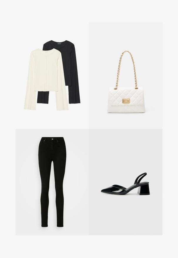 Set od dvije duge majice s dugim rukavima u bijeloj i crnoj boji. Rebrasta tekstura, okrugli izrez, uski kroj s blago raširenim rukavima.; Crne uske traperice. Visoki struk s glatkom teksturom, prednjim džepovima i metalnim gumbom na struku.; Crne lakirane kožne sandale s otvorenom petom i špicastim vrhom, s geometrijskom blok petom. Imaju elegantan, minimalistički dizajn i glatku teksturu.; Bijela čuvana torba s zlatnim lancem i pravokutnom kopčom. Ima glatku teksturu i geometrijski uzorak šivanja.; Zign 2 PACK - Narukvica - gold-coloured/silver-coloured
