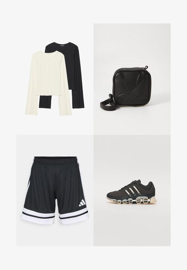 Conjunto de dos camisetas de manga larga en blanco y negro. Textura acanalada, cuello redondo, diseño ajustado con mangas ligeramente acampanadas.; Pantalones cortos deportivos negros con rayas blancas y tres rayas horizontales en el dobladillo. Cintura elástica y logo de Adidas en blanco en el muslo izquierdo.; Zapatilla deportiva negra con parte superior texturizada, tres rayas plateadas y una suela de amortiguación distintiva que presenta múltiples secciones integradas.; Bolso cruzado negro hecho de material sintético texturizado. Presenta un diseño de logo en relieve y correa ajustable. Cierre con cremallera.
