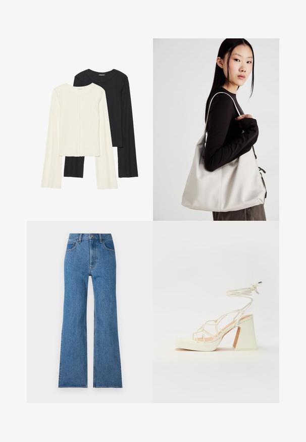 Divu garo piedurkņu tops komplekts baltā un melnā krāsā. Ribota tekstūra, apaļš kakls, pieguļoša dizaina ar nedaudz izplestām piedurknēm.; Zils denims ar augstu jostu, plašu kāju griezumu, ar rāvējslēdzēju un piecām kabatām. Audumam ir klasiskā tekstūra ar izbalējušiem akcentiem.; Baltas augstpapēžu sandales ar masīvu papēdi, ar siksnu dizainu un potītes saistītiem elementiem. Gluda tekstūra ar platformu priekšpusē, lai nodrošinātu papildu augstumu.; Bežs rokassoma, izgatavota no mīksta materiāla, ar brīvu dizainu, izšūtu apdari un divām plecu siksnām. Piemērota ikdienas lietošanai.