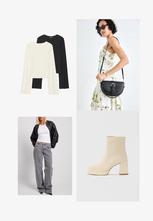 Conjunto de dos camisetas de manga larga en blanco y negro. Textura acanalada, cuello redondo, diseño ajustado con mangas ligeramente acampanadas.; Chaqueta bomber de cuero negro, top de tirantes blanco con canalé y jeans de mezclilla gris de tiro alto con un corte holgado, costuras sutiles y bolsillos acentuados.; Botín de cuero beige hasta el tobillo con tacón bloque y suela de plataforma, de acabado liso y puntera ligeramente cuadrada, mirando a la izquierda sobre fondo blanco.; Bolso de piel negra con forma curva, correa desmontable y herrajes dorados. El bolso cuenta con una solapa con un detalle de hebilla.