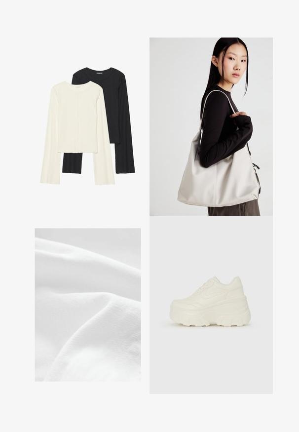 Conjunto de dos camisetas de manga larga en blanco y negro. Textura acanalada, cuello redondo, diseño ajustado con mangas ligeramente acampanadas.; Tela de algodón blanca con una superficie lisa y ligeramente texturizada, mostrando suaves pliegues y arrugas. La luz se refleja sutilmente en la tela.; Zapatillas de plataforma blancas con un upper suave similar al cuero, forma redondeada, cuello acolchado y suela de goma texturizada con surcos definidos.; Bolso de mano beige hecho de material suave, con un diseño holgado, detalles cosidos y dos asas. Adecuado para uso diario.