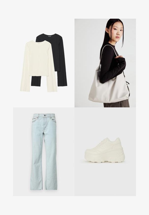 Nabor dveh dolgih rokavov v beli in črni barvi. Žameten vzorec, okrogla ovratnica, prilegajoča zasnova z rahlo razširjenimi rokavi.; Svijetloplave traperice s raširenim krojem, zakopčavanje na dugme, dizajn s pet džepova i suptilno izblijeđivanje na tkanini. Čiste, minimalističke šavove.; Bele platformske tene z belim zgornjim delom, ki spominja na usnje, okroglo obliko, oblazinjen ovratnik ter gumo z teksturo na podplatu z izrazitimi profili.; Bežna torbica iz mehkega materiala, z ohlapno zasnovo, šivi in dvema naramnicama. Primerna za vsakodnevno uporabo.