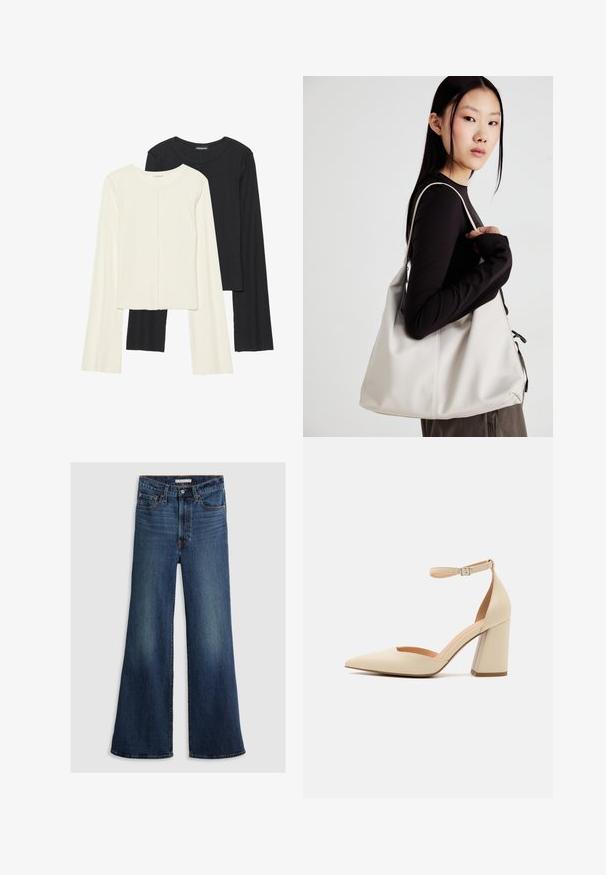 Conjunto de duas blusas de manga longa em branco e preto. Textura canelada, decote redondo, design ajustado com mangas ligeiramente evasê.; Jeans de perna larga em denim azul escuro, com uma cintura alta, design de cinco bolsos e costura em contraste ao longo das costuras e da cintura.; Sapato de salto alto de verniz bege com bico fino, tira no tornozelo e salto robusto. Textura suave com detalhes de costura mínimos.; Uma bolsa bege feita de material macio, com um design descontraído, detalhes de costura e duas alças para o ombro. Adequada para uso diário.