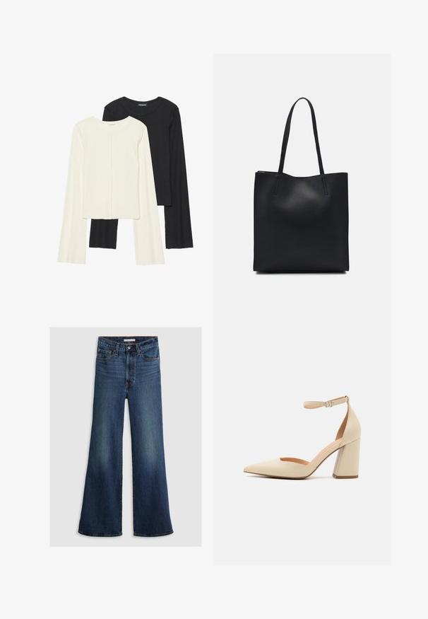 Conjunto de duas blusas de manga longa em branco e preto. Textura canelada, decote redondo, design ajustado com mangas ligeiramente evasê.; Jeans de perna larga em denim azul escuro, com uma cintura alta, design de cinco bolsos e costura em contraste ao longo das costuras e da cintura.; Sapato de salto alto de verniz bege com bico fino, tira no tornozelo e salto robusto. Textura suave com detalhes de costura mínimos.; Bolsa tote preta em couro com textura lisa, forma retangular e duas alças longas. Sem hardware ou enfeites visíveis.