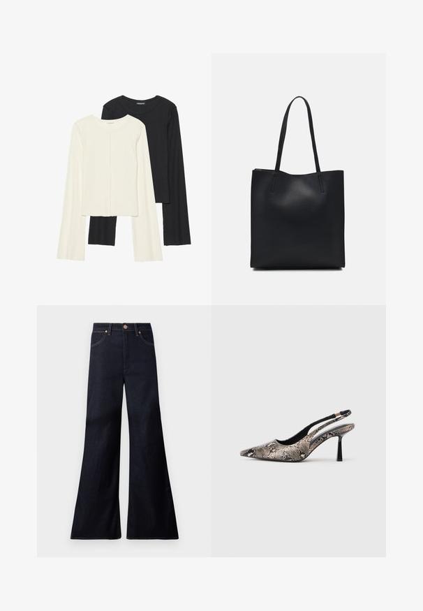 Nabor dveh dolgih rokavov v beli in črni barvi. Žameten vzorec, okrogla ovratnica, prilegajoča zasnova z rahlo razširjenimi rokavi.; Temno modri široki kavbojke iz denima. Značilnosti vključujejo sprednje zapiranje na gumb, bakrene okove in kontrastno šivanje ob šivih.; Cipele s izrezanim leđima i uskim potplatom, s karakterističnim oblikom na vrhu i teksturiranim uzorkom zmijske kože, imaju tanke crne potpetice i otvoreni dizajn sa strane.; Črna usnjena torba s svilnato teksturo, pravokotne oblike in dvema dolgima ročajema. Brez vidnih metalnih delov ali okrasnih elementov.