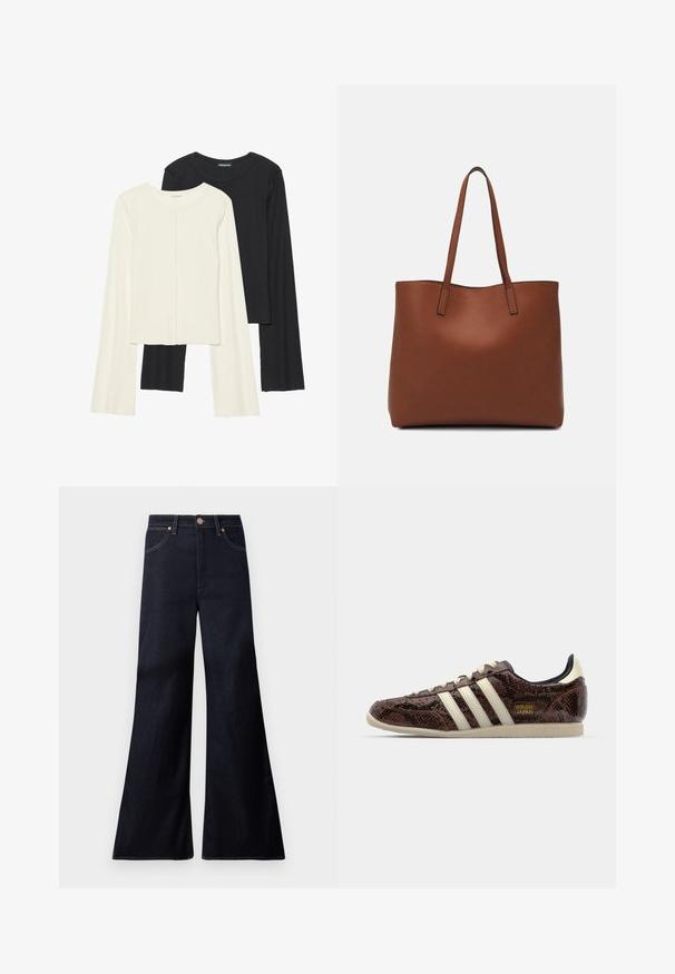 Set of two long-sleeve tops in white and black. Ribbed texture, round neck, fitted design with slightly flared sleeves.; Dark blue wide-leg jeans made of denim. Features include a front button closure, copper hardware, and contrast stitching along the seams.; adidas Originals JAPAN - Trainers - preloved brown/cream white/core black; Brown leather tote bag with a smooth texture, open top design, and two shoulder straps. Features minimal stitching and no visible hardware.