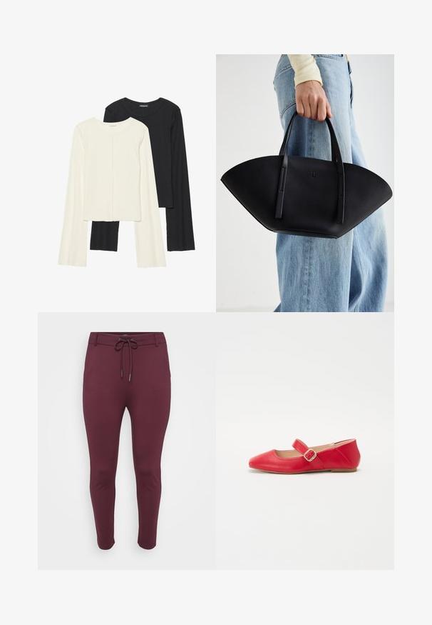 Dviejų ilgomis rankovėmis marškinėlių rinkinys, baltas ir juodas. Raukšlėta tekstūra, apvalus kaklas, prigludusi forma su šiek tiek platėjančiomis rankovėmis.; Bordo, elastingos kelnės su raišteliu ties juosmeniu, turinčios pritvirtintą dizainą ir siaurėjančias kojas, eksponuojamos prieš baltą foną.; Raudoni odiniai butai su smailiu priekiu, su dirželiu ir mažo sagtelės detale. Sklandus paviršius ir lanksti padas.; Juodas odinis rankinis uždangalas unikaliu ventiliatoriaus formos dizainu, turintis plokščias rankenas. Paviršius turi akmeninė tekstūrą ir minimalistišką dizainą.