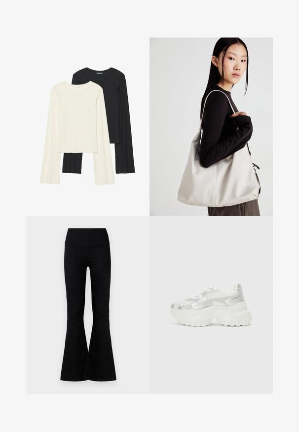 Set of two long-sleeve tops in white and black. Ribbed texture, round neck, fitted design with slightly flared sleeves.; Black flared pants with a high waistband, featuring a smooth fabric texture and a fitted silhouette that flares out at the ankles.; Silver sneaker with a textured mesh upper and iridescent accents, featuring a chunky white sole and lace-up closure.; Beige handbag made of soft material, featuring a slouchy design, stitched detailing, and two shoulder straps. Suitable for everyday use.