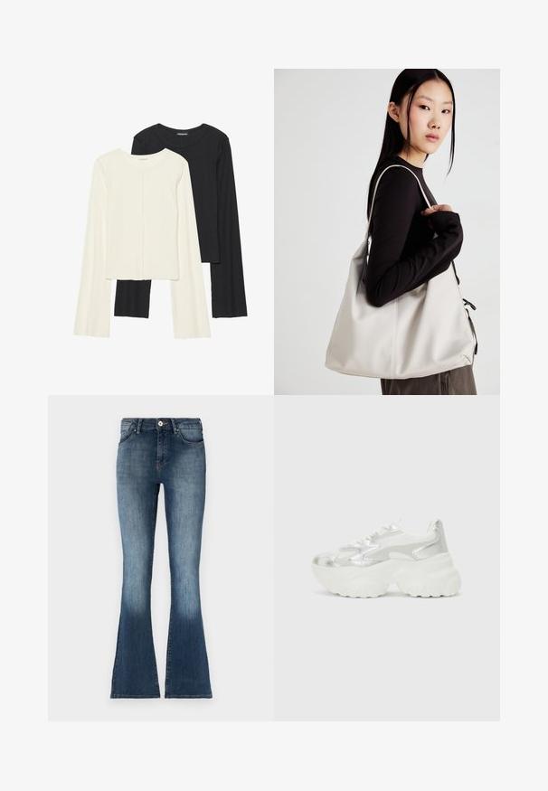 Dviejų ilgomis rankovėmis marškinėlių rinkinys, baltas ir juodas. Raukšlėta tekstūra, apvalus kaklas, prigludusi forma su šiek tiek platėjančiomis rankovėmis.; Mėlynos džinsinės platiem kelnių su vidutinio aukščio liemeniu, išblukusia apdaila ir tradiciniu penkių kišenių dizainu. Minkšta tekstūra ir subtilūs siuvinėjimo akcentai.; Sidabriniai sportbačiai su tekstūriniu tinkliniu viršumi ir iššokančiomis akcentais, turintys masyvų baltą pado ir raištelių užsegimą.; Bežinė rankinė, pagaminta iš minkštos medžiagos, turinti laisvą dizainą, siuvinėtas detalės ir dvi petnešos. Tinkama kasdieniam naudojimui.