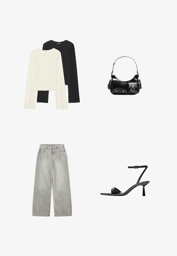 Set od dvije duge majice s dugim rukavima u bijeloj i crnoj boji. Rebrasta tekstura, okrugli izrez, uski kroj s blago raširenim rukavima.; Svijetlosive široke traperice s visokim strukom, pet džepova, zatvaračem i suptilnim izblijeđenjem. Izrađene su od trapera s glatkom teksturom.; Bershka Sandale s visokom petom - black; Crna patentna kožna torba s zakrivljenim oblikom, jednim remenom za rame, prednjim džepovima i akcentima od srebrnog tona.