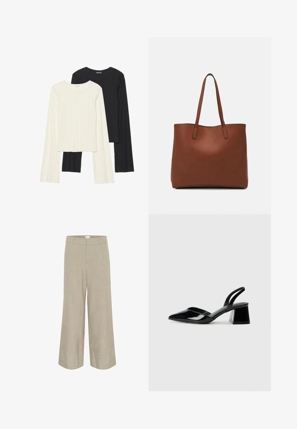 Set van twee longsleeve tops in wit en zwart. Geribbelde textuur, ronde hals, aansluitend ontwerp met licht uitlopende mouwen.; Lichtbeige wijde broek van een gestructureerde stof, met een gladde tailleband en zijzakken voor een relaxte pasvorm en look.; Zwarte gepatineerde leren slingback hakken met een spitse neus en een geometrische blokhak. Kenmerkt zich door een slank, minimalistisch ontwerp en een gladde textuur.; Bruine leren tote bag met een gladde textuur, een ontwerp met een open bovenkant en twee schouderbanden. Kenmerkt zich door minimale stiksels en geen zichtbare hardware.