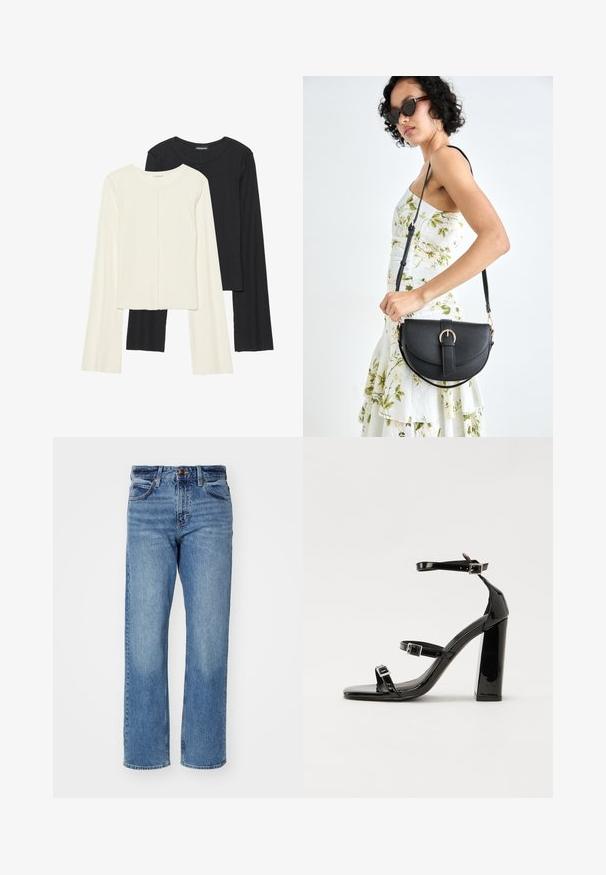 Set med två långärmade toppar i vitt och svart. Ribbade texturer, rund hals, figurnära design med något utställda ärmar.; Ljusblå raka jeans i denim. Har fem fickor, en klassisk knappstängning och subtila urtvättningseffekter genom hela tyget.; Svarta lackerade högklackade sandaler med två spännband, fyrkantig tå och en tjock klack, med en slät och glansig yta.; Svart läderhandväska med en böjd form, avtagbar rem och guldiga detaljer. Väskan har ett lock med en spänndetalj.