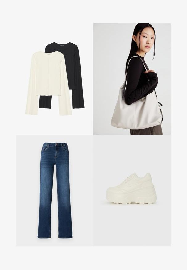 Nabor dveh dolgih rokavov v beli in črni barvi. Žameten vzorec, okrogla ovratnica, prilegajoča zasnova z rahlo razširjenimi rokavi.; Temno modri kavbojke z ravno nogo, srednje visokim pasom in blagim zbledelostjo na robovih. Opremljene so s petimi žepi in gumbom za zapiranje.; Bele platformske tene z belim zgornjim delom, ki spominja na usnje, okroglo obliko, oblazinjen ovratnik ter gumo z teksturo na podplatu z izrazitimi profili.; Bežna torbica iz mehkega materiala, z ohlapno zasnovo, šivi in dvema naramnicama. Primerna za vsakodnevno uporabo.