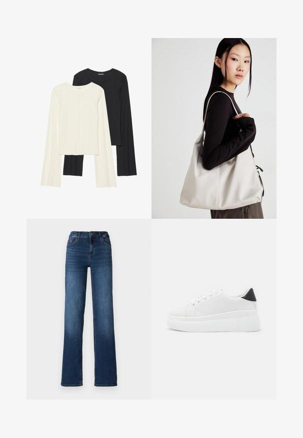 Nabor dveh dolgih rokavov v beli in črni barvi. Žameten vzorec, okrogla ovratnica, prilegajoča zasnova z rahlo razširjenimi rokavi.; Temno modri kavbojke z ravno nogo, srednje visokim pasom in blagim zbledelostjo na robovih. Opremljene so s petimi žepi in gumbom za zapiranje.; Bele platform tenisice izdelane iz gladkega sintetičnega materiala, z zaobljenim prstom, sistemom vezalk in teksturiranim gumijastim podplatom. Črn dodatek na peti.; Bežna torbica iz mehkega materiala, z ohlapno zasnovo, šivi in dvema naramnicama. Primerna za vsakodnevno uporabo.