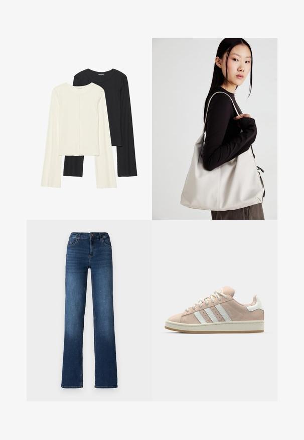 Dviejų ilgomis rankovėmis marškinėlių rinkinys, baltas ir juodas. Raukšlėta tekstūra, apvalus kaklas, prigludusi forma su šiek tiek platėjančiomis rankovėmis.; Tamsiai mėlyni džinsai su tiesių kojų dizainu, vidutinio aukščio liemeniu ir švelniu išblukimu apvaduose. Yra penki kišenės ir mygtuko užsegimas.; Rožinės zomšos sportinės batai su baltais odiniais akcentais, turintys tris baltas juosteles, apvalią noselę ir tekstūruotas raišteles. Šviesiai rudos gumos padas.; Bežinė rankinė, pagaminta iš minkštos medžiagos, turinti laisvą dizainą, siuvinėtas detalės ir dvi petnešos. Tinkama kasdieniam naudojimui.