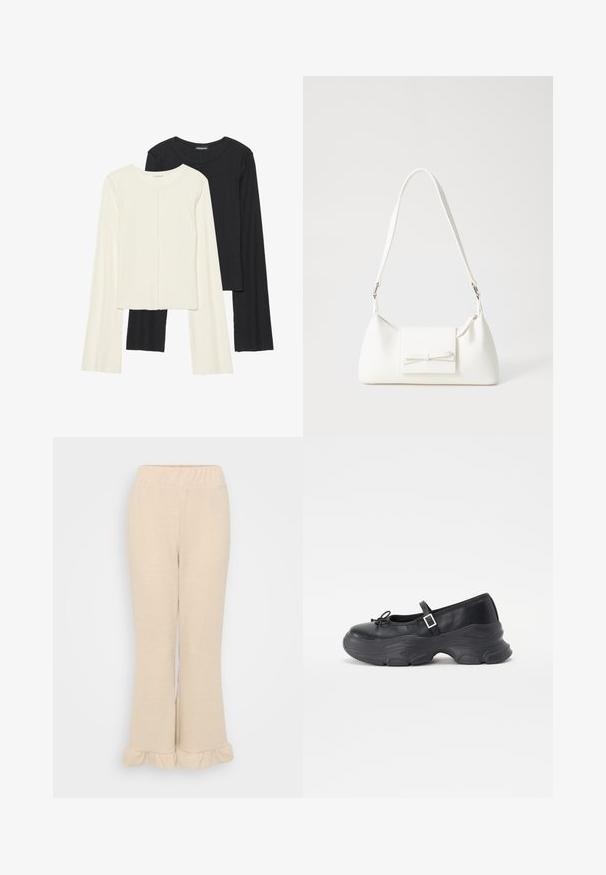 Set van twee longsleeve tops in wit en zwart. Geribbelde textuur, ronde hals, aansluitend ontwerp met licht uitlopende mouwen.; Crème-kleurige rib gebreide broek met een elastische tailleband en uitlopende pijpen met gerimpelde accenten aan de onderkant. Glad textuur.; Zwarte leren Mary Jane-schoen met een ronde neus, strikdetails en een verstelbare enkelband. Beschikt over een chunky rubberen zool met gebogen accenten.; Witte synthetische handtas met een driehoekige vorm, platte voorklep en strikdetail, verstelbare schouderriem, gladde textuur en minimalistisch ontwerp.