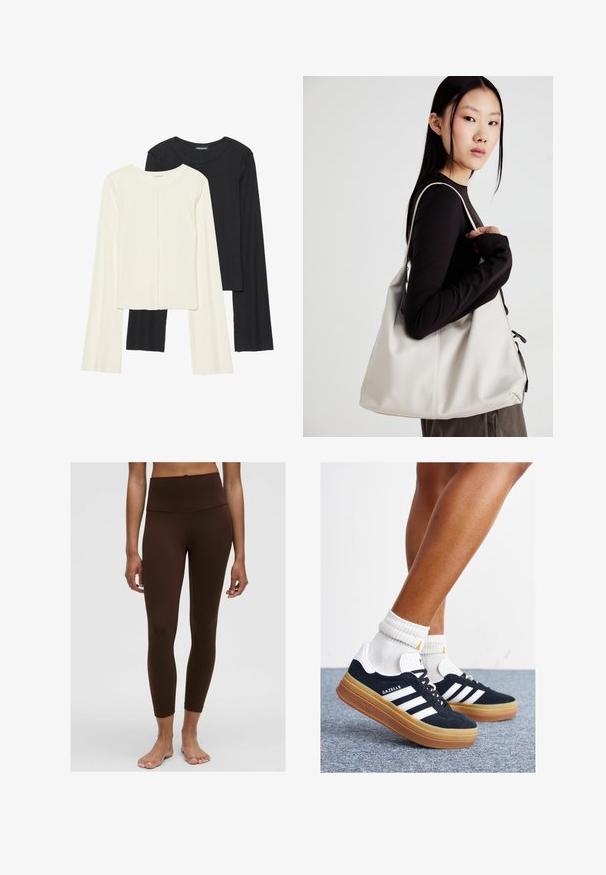 Divu garo piedurkņu tops komplekts baltā un melnā krāsā. Ribota tekstūra, apaļš kakls, pieguļoša dizaina ar nedaudz izplestām piedurknēm.; Brūnas augstas jostas legingi ar gludu tekstūru, pieguļošu dizainu un potītes garuma apdari. Nav redzamu rakstu vai detaļu.; Melnas zamšādas sporta kurpes ar baltām svītrām un akcentiem, apaļa purngala daļa, gumijas zole, kopā ar baltām ribotām sporta zeķēm.; Bežs rokassoma, izgatavota no mīksta materiāla, ar brīvu dizainu, izšūtu apdari un divām plecu siksnām. Piemērota ikdienas lietošanai.