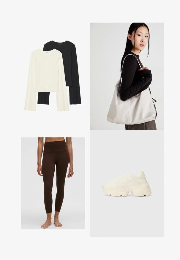 Dviejų ilgomis rankovėmis marškinėlių rinkinys, baltas ir juodas. Raukšlėta tekstūra, apvalus kaklas, prigludusi forma su šiek tiek platėjančiomis rankovėmis.; Rudos aukštai pasiekiantys legginsai su lygia tekstūra, prigludusiu dizainu ir kulkšnies ilgio hemu. Nėra matomų raštų ar metalinių detalių.; Masyvios baltos sportbačiai, pagaminti iš tekstūruoto tinklelio ir sintetinių medžiagų, pasižymintys storu padu ir išsamiu raštų detalizavimu šonuose.; Bežinė rankinė, pagaminta iš minkštos medžiagos, turinti laisvą dizainą, siuvinėtas detalės ir dvi petnešos. Tinkama kasdieniam naudojimui.