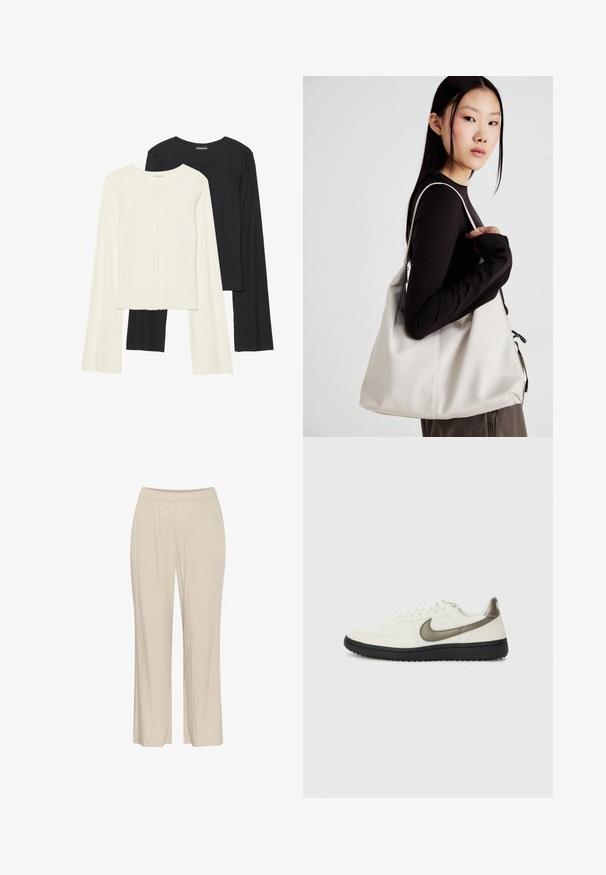 Kaksik Eri pikkusega valge ja musta värvi pikkade varrukatega topsi. Ribikstruktuur, ümar kaelus, lihav disain, veidi laienevate varrukatega.; Beesid, kerge, laiad püksid, mis on valmistatud tekstureeritud kangast, millel on elastne vöökoht ja nähtamatud kinnitused.; Nike Sportswear FIELD GENERAL - Tossud - off-white/black; Bež käekott pehme materjali, millel on lõtv disain, õmblustega detailid ja kaks õlarihma. Sobib igapäevaseks kasutamiseks.