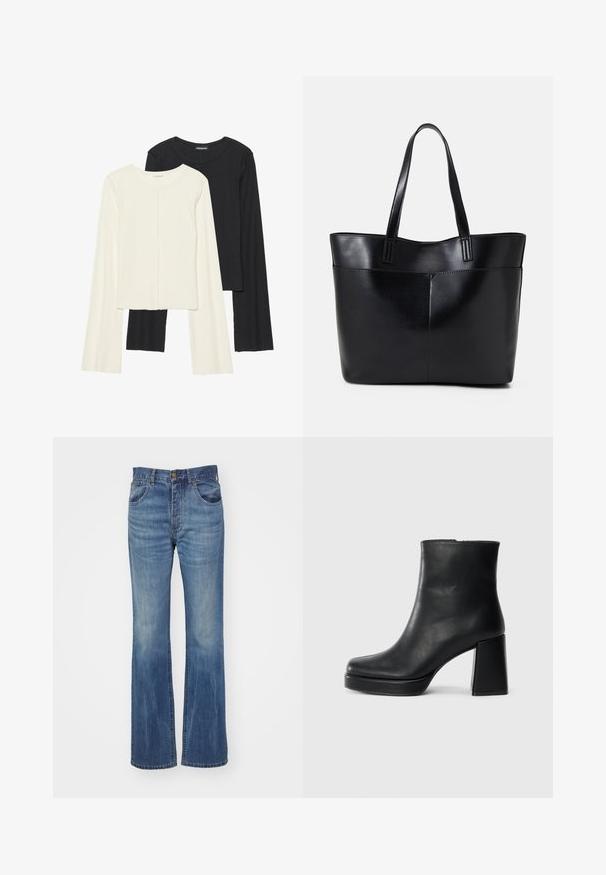 Dviejų ilgomis rankovėmis marškinėlių rinkinys, baltas ir juodas. Raukšlėta tekstūra, apvalus kaklas, prigludusi forma su šiek tiek platėjančiomis rankovėmis.; Mėlynai džinsiniai kelnės su plačiu apačiu, vidutinio plovimo, turinčios aukštą liemenį, diržo kilputes ir priekinius kišenes. Sklandžios tekstūros, su minimaliu nusidėvėjimu.; Juodas odinis kulkšninis botas su bloku ir platformos padu, matomas šoniniu vaizdu ant balto fono.; Juoda odinė rankinė su dviem ilgais diržais, lygiu paviršiumi ir struktūrizuota forma. Yra priekinė kišenė papildomam saugojimui.