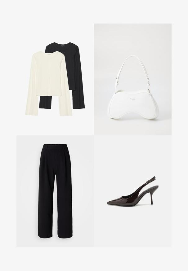 Nabor dveh dolgih rokavov v beli in črni barvi. Žameten vzorec, okrogla ovratnica, prilegajoča zasnova z rahlo razširjenimi rokavi.; Črne široke hlače iz gladkega materiala. Imajo prilegajoč pas in sprednje prve za dodano prostornino. Prilagojena zasnova.; Slingback visoke pete v sijajni temno rjavi lak koži, koničastim nosom, odprtimi stranmi in nastavljivim gležnjenčkim trakom.; Bela torbica z gladko, sijajno površino, ukrivljeno obliko in enim nastavljivim trakom. Ima logotip vtisnjen spredaj.