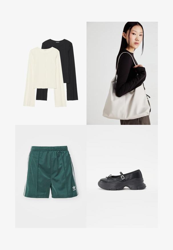 Souprava dvou dlouhých rukávů v bílé a černé barvě. Hladká textura, kulatý výstřih, upnutý střih s mírně rozšířenými rukávy.; Zelené sportovní šortky vyrobené z hladkého materiálu, s elastickým pasem, postranními pruhy a malým bílým logem na dolní části nohavice.; Černá kožená botička Mary Jane se zaoblenou špičkou, detailem mašle a nastavitelným páskem kolem kotníku. Disponuje chunky gumovou podrážkou s zakřivenými akcenty.; Beige kabelka vyrobená z měkkého materiálu, s volným designem, prošívanými detaily a dvěma ramenními popruhy. Vhodná pro každodenní použití.