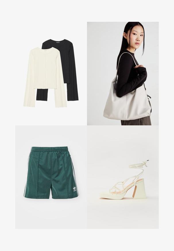 Súprava dvoch dlhých rukávov v bielej a čiernej farbe. Žebrovaná textúra, okrúhly výstrih, priliehavý strih s mierne rozšírenými rukávmi.; Zelené športové kraťasy z hladkej tkaniny, s elastickým pásom, bočnými pruhmi a malým bielym logom na dolnej časti nohavíc.; Biele sandále na vysokom opätku s hrubým podpätkom, s pruhovaným dizajnom a viazaním na členku. Hladký povrch s platformou vpredu pre zvýšenú výšku.; Béžová kabelka vyrobená z mäkkého materiálu, s uvoľneným dizajnom, prišitými detailmi a dvoma popruhmi na nosenie na pleciach. Vhodná na každodenné nosenie.