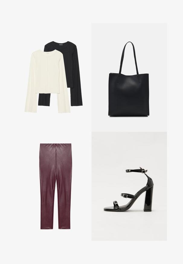 Set med två långärmade toppar i vitt och svart. Ribbade texturer, rund hals, figurnära design med något utställda ärmar.; Burgundyröda leggings i konstläder med en slät yta, hög midja och figurnära design, som sträcker sig ner till anklarna utan ytterligare detaljer.; Svarta lackerade klacksandaler med fyrkantig tå, ankelremmar och silverfärgade spännen. Har en kraftig blockklack för stabilitet.; Svart lädertoffelväska med slät textur, rektangulär form och två långa handtag. Ingen synlig hårdvara eller dekorationer.