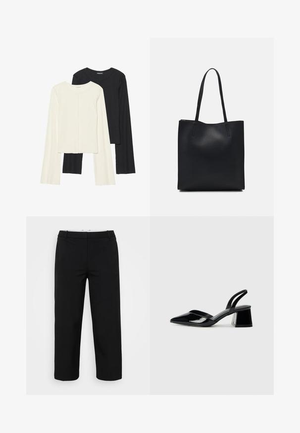 Set of two long-sleeve tops in white and black. Ribbed texture, round neck, fitted design with slightly flared sleeves.; Black trousers with a straight cut, featuring a smooth texture, two side pockets, and a waistband with loops. No visible fastenings.; Black patent leather slingback heels with a pointed toe and a geometric block heel. Features a sleek, minimal design and smooth texture.; Black leather tote bag with smooth texture, rectangular shape, and two long handles. No visible hardware or embellishments.