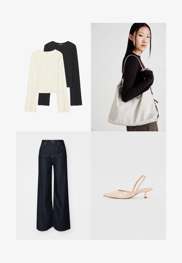 Set od dvije duge majice s dugim rukavima u bijeloj i crnoj boji. Rebrasta tekstura, okrugli izrez, uski kroj s blago raširenim rukavima.; Lee STELLA - Traperice opuštenog kroja - dark beat; Bež sandale od lakirane kože s uskim vrhom i tankim, kvadratnim potpeticom. Glatka tekstura i minimalistički dizajn bez ukrasnih detalja.; Bežna torba od mekog materijala s opuštenim dizajnom, šivanim detaljima i dva remena za rame. Pogodna za svakodnevnu upotrebu.