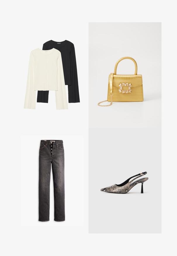 Sæt med to langærmede toppe i hvid og sort. Ribbet tekstur, rund halsudskæring, tætsiddende design med let udvidede ærmer.; Sorte højtaljede jeans med lige ben-design, lavet af denim. Features en knaplukning, kobberdetaljer og kontrastsyninger.; Spidse slingback sko lavet af tekstureret slangeskindsmateriale, med en slank sort hæl og en udskæringsdesign på siderne.; Gul faux-krokodille skuldertaske med struktureret design, top-håndtag, aftagelig kædetraske og dekorativ krystaldekoration på låsen.