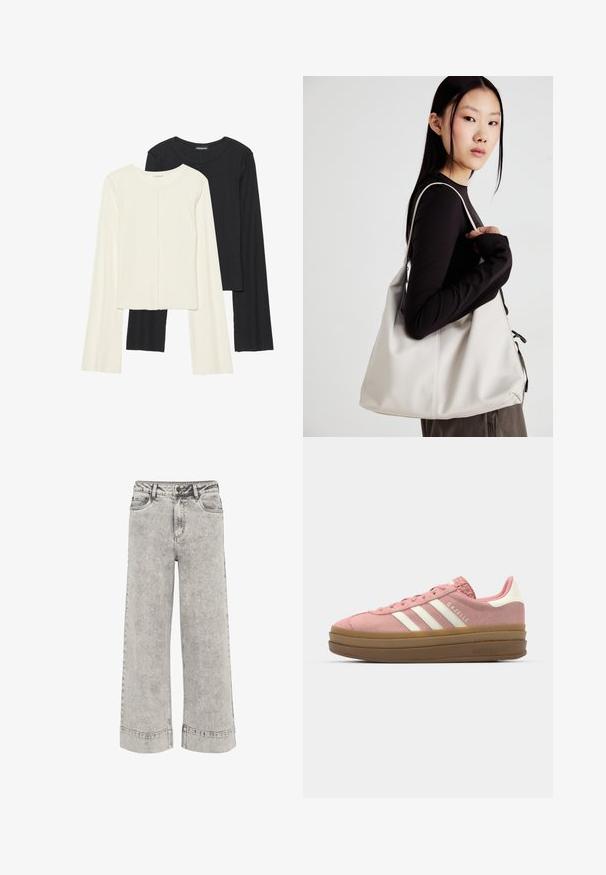 Conjunto de dos camisetas de manga larga en blanco y negro. Textura acanalada, cuello redondo, diseño ajustado con mangas ligeramente acampanadas.; Jeans de pierna ancha en denim gris claro, con una cintura alta, diseño tradicional de cinco bolsillos y textura ligeramente descolorida con costuras en contraste.; adidas Originals GAZELLE BOLD - Zapatillas - mauve/off white; Bolso de mano beige hecho de material suave, con un diseño holgado, detalles cosidos y dos asas. Adecuado para uso diario.
