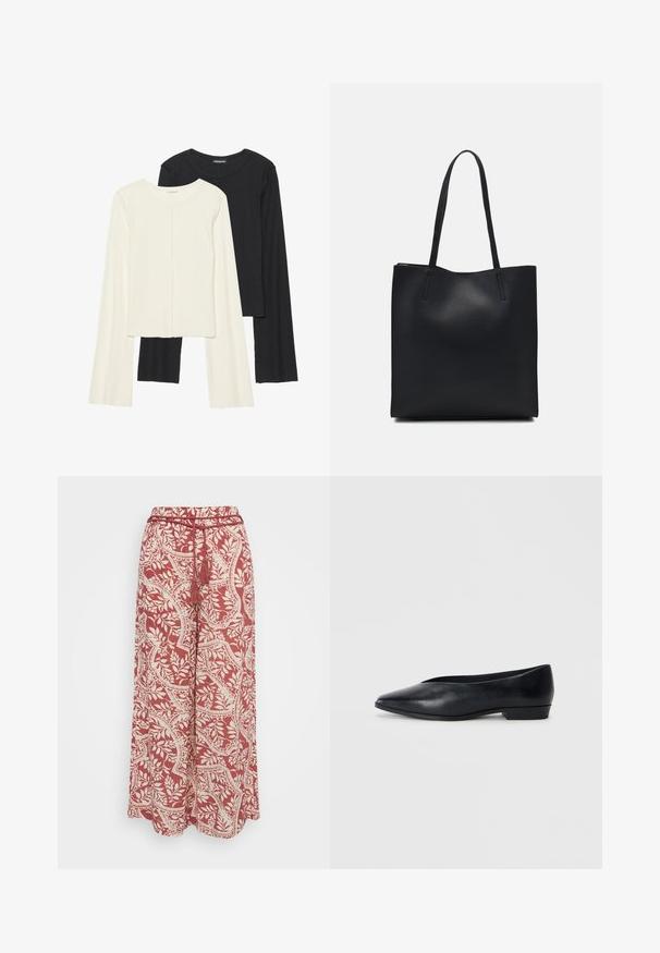 Set of two long-sleeve tops in white and black. Ribbed texture, round neck, fitted design with slightly flared sleeves.; Vero Moda Petite VMBALI WIDE PANTS - Trousers - marsala; Black leather flat shoe with a pointed toe, slightly raised heel, and smooth surface. Simple design with no visible hardware or patterns.; Black leather tote bag with smooth texture, rectangular shape, and two long handles. No visible hardware or embellishments.