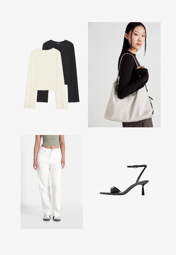 Set van twee longsleeve tops in wit en zwart. Geribbelde textuur, ronde hals, aansluitend ontwerp met licht uitlopende mouwen.; Witte denim jeans in een relaxte pasvorm, met een knoopsluiting, vijf zakken en een licht gestructureerd oppervlak. Gecombineerd met casual schoeisel.; Bershka Sandalen met hoge hak - black; Beige handtas gemaakt van zacht materiaal, met een slonzig ontwerp, gestikte details en twee schouderbanden. Geschikt voor dagelijks gebruik.
