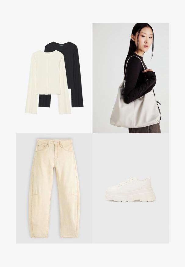 Set of two long-sleeve tops in white and black. Ribbed texture, round neck, fitted design with slightly flared sleeves.; Beige denim jeans with a relaxed fit, featuring a high waist, five pockets, and subtle fading. Raw hem details at the ankles.; White canvas sneaker with a chunky sole, rounded toe, and five eyelets for laces. Back tab for easy wear. Smooth texture, minimalist design.; Beige handbag made of soft material, featuring a slouchy design, stitched detailing, and two shoulder straps. Suitable for everyday use.