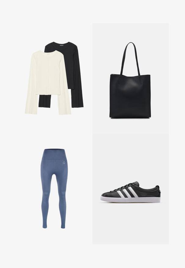 Zestaw dwóch bluzek z długim rękawem w kolorze białym i czarnym. Prążkowana struktura, okrągły dekolt, dopasowany fason z lekko rozszerzanymi rękawami.; Legginsy w kolorze niebieskim o wysokim stanie, wykonane z elastycznej tkaniny; posiadają teksturowane wzorzyste panele oraz małe logo na pasie.; Czarny skórzany tenisówka z białym wzorem trzech pasków, okrągłym noskiem, płaską białą gumową podeszwą i detalem z logo po boku.; Czarna skórzana torba tote o gładkiej fakturze, prostokątnym kształcie i dwóch długich uchwytach. Brak widocznych elementów metalowych i ozdób.