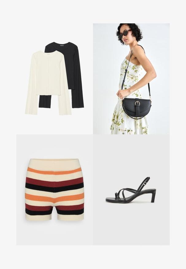 Kaksik Eri pikkusega valge ja musta värvi pikkade varrukatega topsi. Ribikstruktuur, ümar kaelus, lihav disain, veidi laienevate varrukatega.; Kootud lühikesed püksid, millel on horisontaalsed triibud kreemi, apelsini, punase, musta ja burgundia värviga, pehme tekstuuriga ja istuv vöökoht.; Mustast rihmajalatsid ruudukujulise varba ja madala ploki kontsaga. Omab mitmeid õhukesi rihmasid ja reguleeritavat pahkluu rihma. Valmistatud siledast nahast.; Mustmust mustraha kõverate joontega, eemaldatava rihmaga ja kuldsete detailidega. Kotil on klapp, millel on pandladetail.; Kuldsest rõngastest kõrvarõngad sileda, ümarate joontega. Õhukesed ja kerged, koosnevad pidevast ringsest kujundist ilma kaunistusteta.