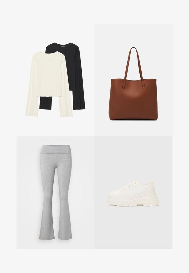 Set of two long-sleeve tops in white and black. Ribbed texture, round neck, fitted design with slightly flared sleeves.; Gray flared leggings with a wide, comfortable waistband, made from soft, stretchy material, featuring smooth texture and no visible patterns.; White canvas sneaker with a chunky sole, rounded toe, and five eyelets for laces. Back tab for easy wear. Smooth texture, minimalist design.; Brown leather tote bag with a smooth texture, open top design, and two shoulder straps. Features minimal stitching and no visible hardware.