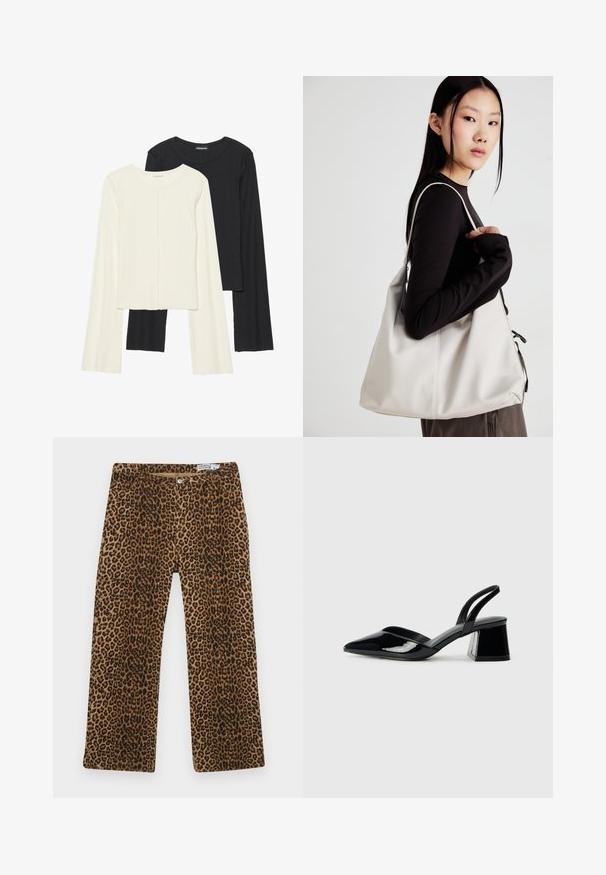Set de două bluze cu mâneci lungi, una albă și una neagră. Textură ribbată, decolteu rotund, design ajustat cu mâneci ușor evazate.; Pantaloni cu imprimeu de leopard, având un model maro și negru, design cu picioare drepte și stil clasic cu cinci buzunare. Fabricat dintr-o țesătură din bumbac și fibre sintetice.; Pantofi cu toc slingback din piele lacuită neagră, cu vârf ascuțit și toc geometric. Prezintă un design elegant, minimalist și o textură netedă.; Geantă bej din material moale, cu un design lejer, detalii cusute și două bretele pentru umăr. Potrivită pentru utilizarea zilnică.