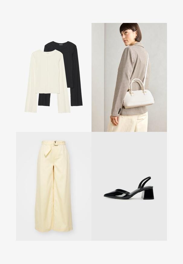 Set med två långärmade toppar i vitt och svart. Ribbade texturer, rund hals, figurnära design med något utställda ärmar.; Ljusgula tvåfickade vida byxor med bältesliv, tillverkade av bomull. Har en elegant framsida och subtila sömdetaljer.; Svarta lackläder slingback klackar med spetsig tå och geometrisk klack. Har en elegant, minimalistisk design och slät yta.; Vitt strukturerat handväska med korta handtag och en axelrem, med gyllene detaljer och texturerat material, visad mot en grå bakgrund.