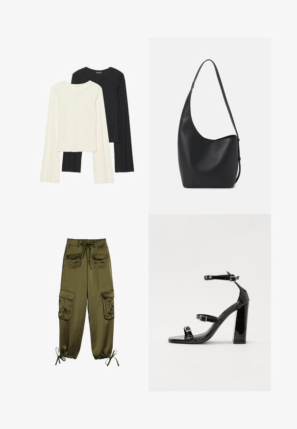 Két darabból álló hosszú ujjú felsők szettje fehér és fekete színben. Bordás textúra, kerek nyakkivágás, testhez simuló fazon, enyhén bővülő ujjakkal.; Olíva zöld cargo nadrág sima anyagból, két elülső zsebbel, állítható derékpánttal és rugalmas, bokán megkötős mandzsettával.; Fekete lakk magas sarkú szandál négyzet alakú orral, bokapántokkal és ezüst csatokat tartalmaz. Masszív blokk sarka a stabilitásért felel.; Fekete bőr hobo táska sima textúrával, ívelt formával és egyetlen állítható pánttal; széles nyílás található a tetején.