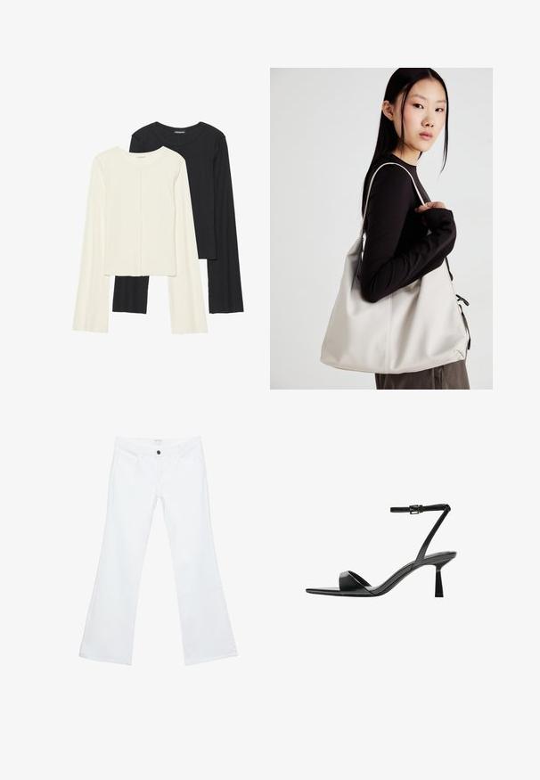 Souprava dvou dlouhých rukávů v bílé a černé barvě. Hladká textura, kulatý výstřih, upnutý střih s mírně rozšířenými rukávy.; Bílé rozšířené džíny vyrobené z denimu, s plochým předním dílem a výrazným prošíváním, dvěma předními kapsami a jedním černým knoflíkem v pase.; Bershka Sandály na vysokém podpatku - black; Beige kabelka vyrobená z měkkého materiálu, s volným designem, prošívanými detaily a dvěma ramenními popruhy. Vhodná pro každodenní použití.