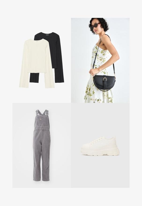 Sett med to langermede topper i hvit og svart. Ribbete tekstur, rund hals, tettsittende design med lett utsvingte ermer.; Grå denim overaller med justerbare skulderstropper, en frontlomme og en avslappet passform. Har rette ben og ensfarget throughout.; Hvit kanvas sneakers med chunky såle, avrundet tå og fem hull for snøringer. Bakre tab for enkel påkledning. Glatt tekstur, minimalistisk design.; Svart lærveske med en buet form, avtagbar stropp og gullbeslag. Vesken har et klaff med spenne-detall.