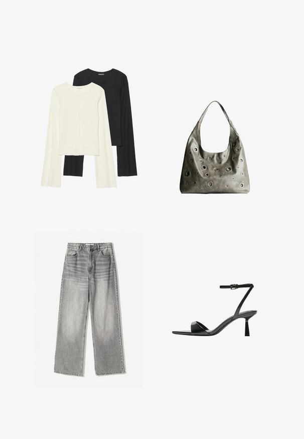 Set od dvije duge majice s dugim rukavima u bijeloj i crnoj boji. Rebrasta tekstura, okrugli izrez, uski kroj s blago raširenim rukavima.; Široke traperice u izblijedjelom crnom denimu s visokim strukom, s pet džepova i kontrastnim šavovima za dodatnu teksturu.; Bershka Sandale s visokom petom - black; Maslinasto zeleni kožni ručni kovčeg s opuštenim dizajnom, s raznim kružnim izrezima različitih veličina i naglascima u tamnijim i svjetlijim nijansama.