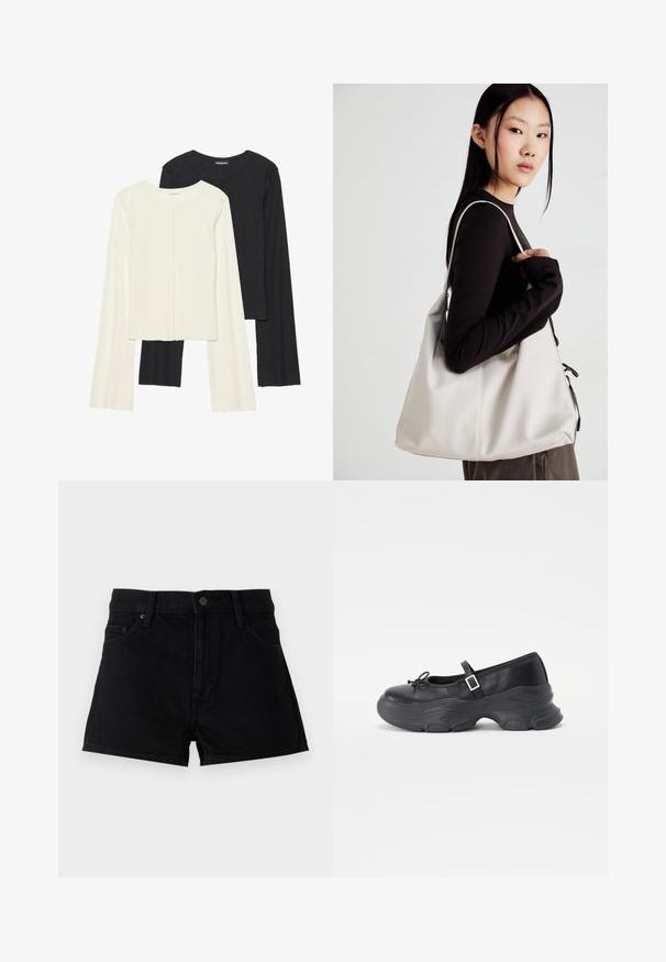 Conjunto de duas blusas de manga longa em branco e preto. Textura canelada, decote redondo, design ajustado com mangas ligeiramente evasê.; Calções de ganga pretos com um corte alto, design de cinco bolsos, fecho com botão e acabamento limpo sem ornamentações.; Sapatilha Mary Jane em couro preto com bico arredondado, detalhe de laço e tiras ajustáveis ao tornozelo. Apresenta uma sola de borracha robusta com acentos curvados.; Uma bolsa bege feita de material macio, com um design descontraído, detalhes de costura e duas alças para o ombro. Adequada para uso diário.