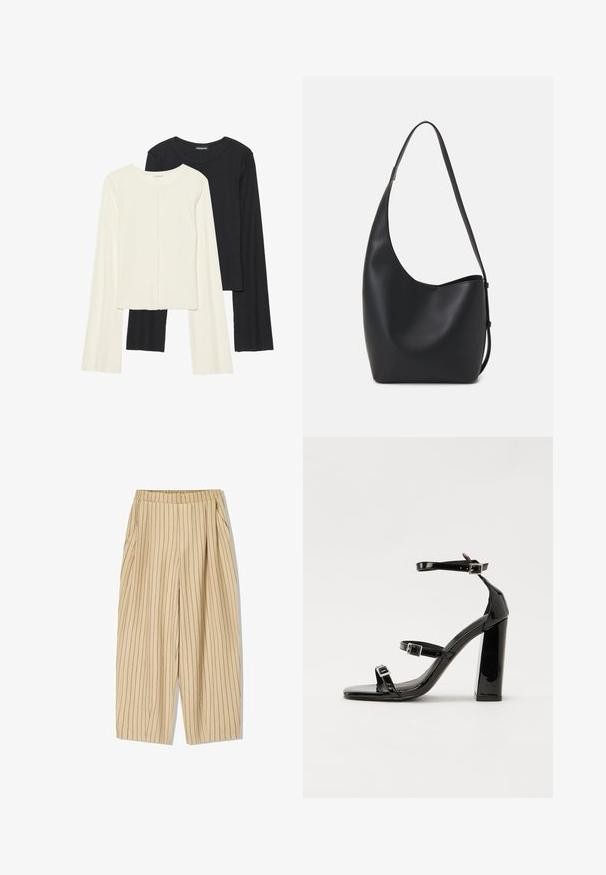 Kaksi pitkähihainen puseroa valkoisena ja mustana. Varren neulos, pyöreä kaulus, tiukka malli, jossa on hieman levenevät hihat.; Beige striped trousers with an elastic waistband, featuring two side pockets, a loose fit, and vertical black pinstripes for detail.; Musta kiiltäväpintainen korkokengät, joissa on kaksi solkikiinnitystä, neliönmuotoinen kärki ja paksu korko, sileällä, kiiltävällä pintarakenteella.; Musta nahkainen hobo-laukku, jossa on sileä pinta, kaareva muoto ja yksi säädettävä olkahihna; sisäänkäynti on leveä ylhäältä.